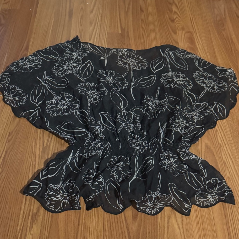 Vintage Chic Black Floral Women's Cinched‎ Waist Sheer Blouse Bohemian Fairy
